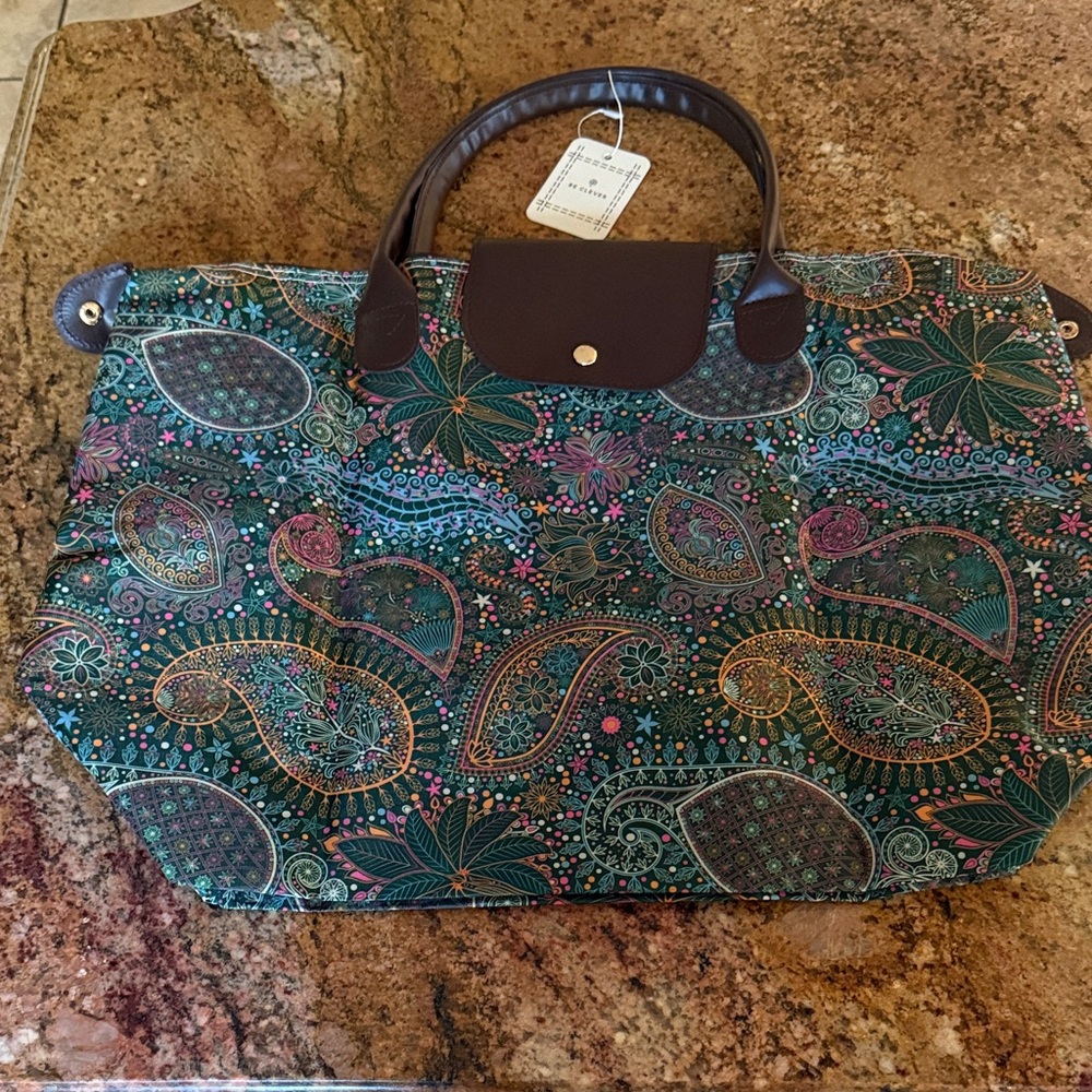 Be Clever Paisley Patterned Tote Bag with Brown Accents
